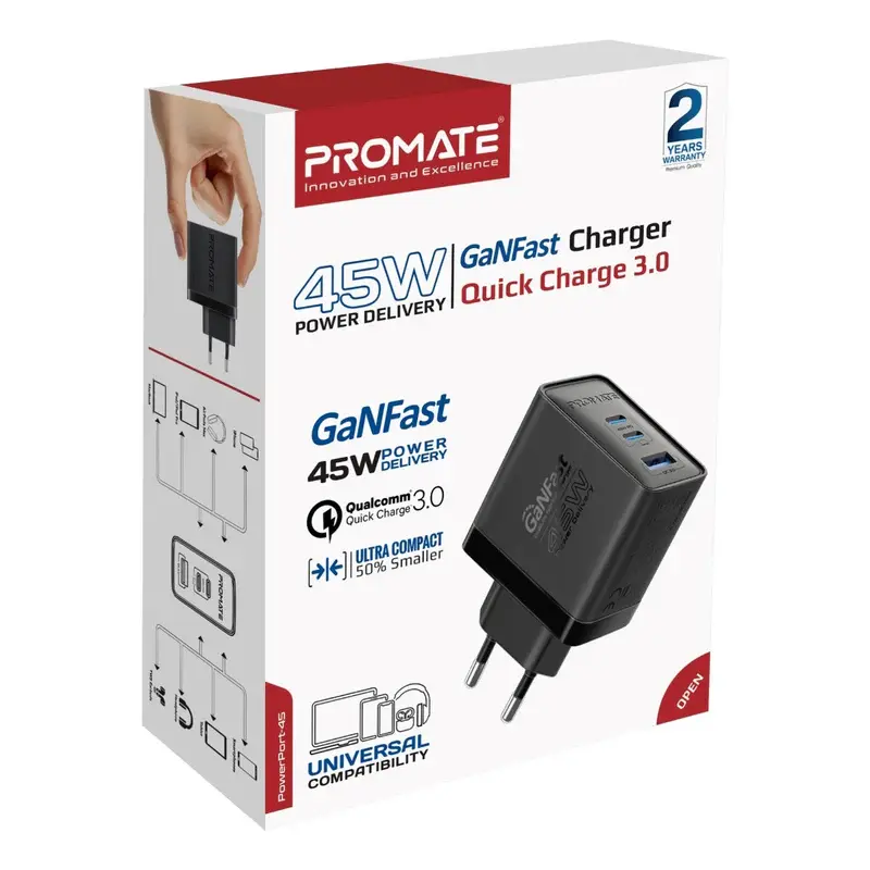Promate PowerPort-45 45W Power Delivery GaNFast™ Charging Adapte r