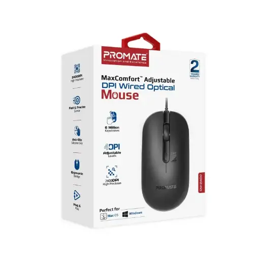 Promate CM-2400 2400dp 4 Programmable Buttons Wired Optical Mouse Black